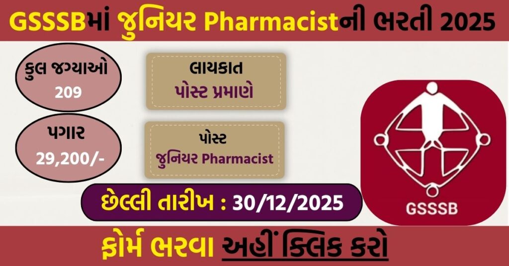 GSSSB Junior Pharmacist Recruitment 2025: Apply Online for 209 Class-3 Posts