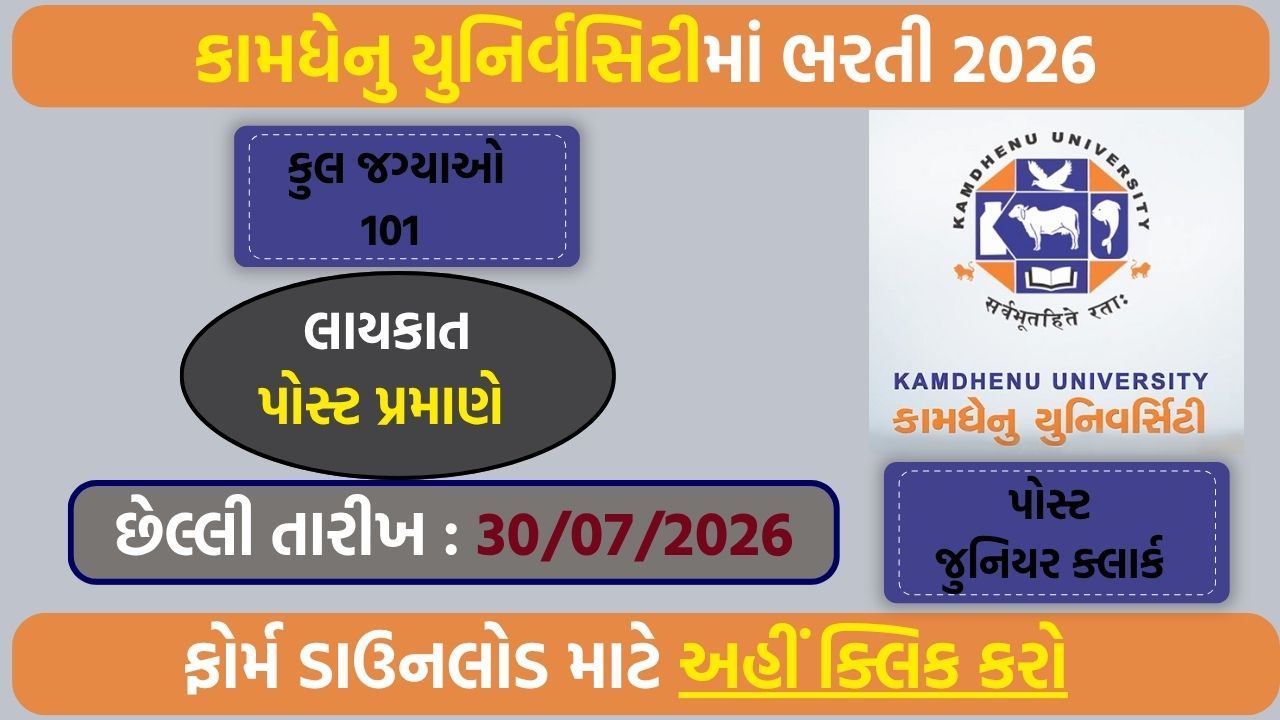 Kamdhenu University Junior Clerk Recruitment 2026: 101 पदों के लिए ऑनलाइन आवेदन शुरू